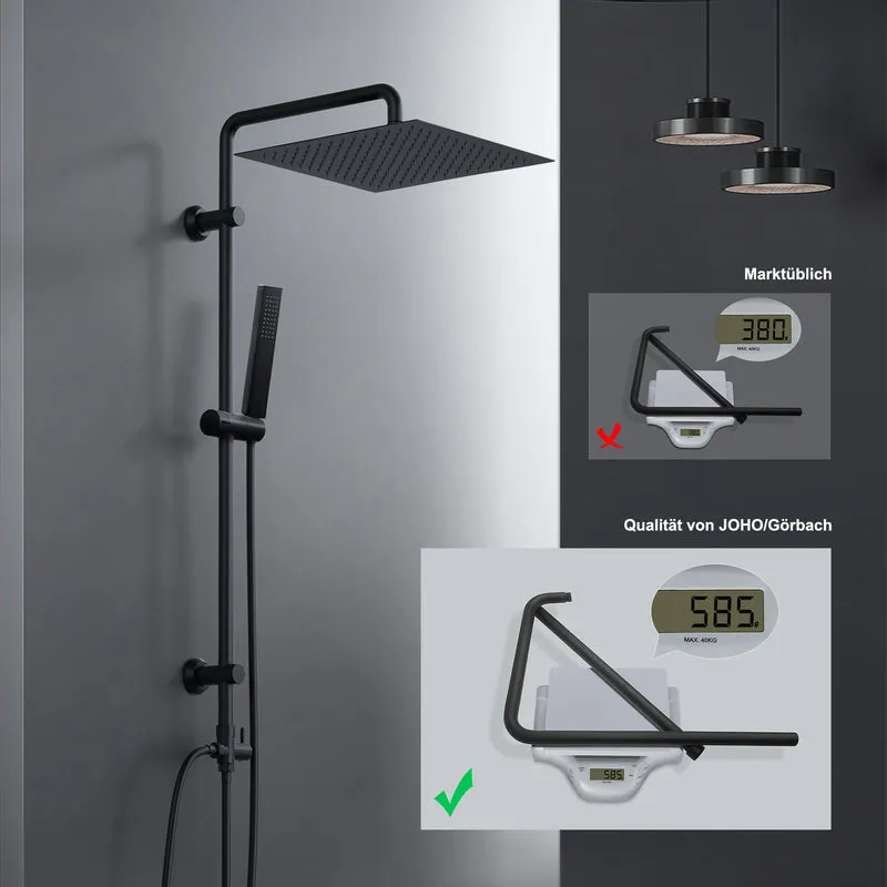 JOHO Regendusche Duschsystem ohne Armatur, Edelstahl Duschset mit 92cm Duschstange, Eckig Überkopfbrause Schwarz