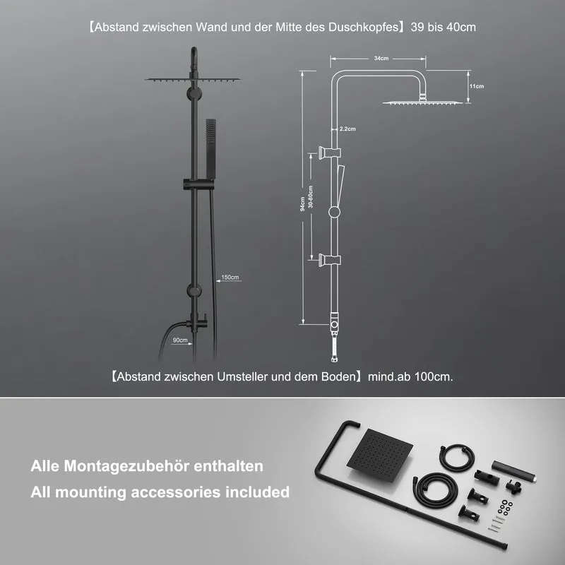 JOHO Regendusche Duschsystem ohne Armatur, Edelstahl Duschset mit 92cm Duschstange, Eckig Überkopfbrause Schwarz