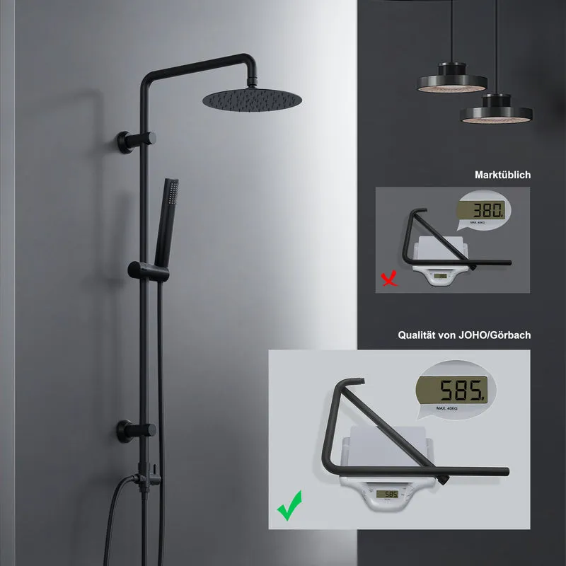 JOHO Regendusche Duschsystem ohne Armatur, Edelstahl Duschset mit 92cm Duschstange, Rund Überkopfbrause Schwarz