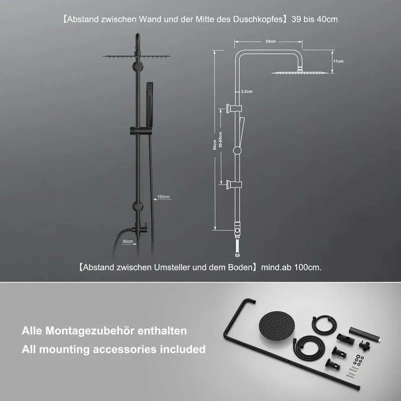 JOHO Regendusche Duschsystem ohne Armatur, Edelstahl Duschset mit 92cm Duschstange, Rund Überkopfbrause Schwarz
