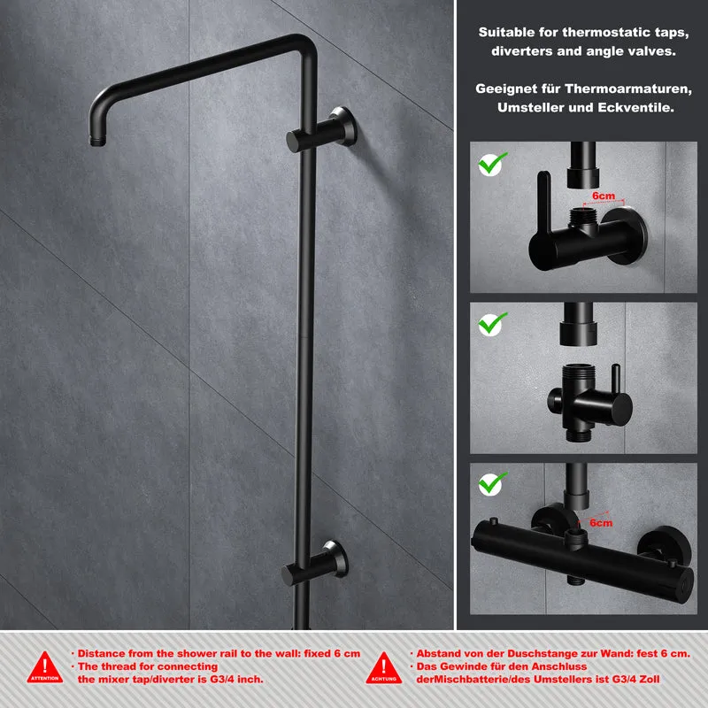 JOHO Edelstahl Duschstange mit Variable Wandbefestigungen, Wandstange Regendusche Duschrohr Brausearm Brausestange Duschsäule mit fester Länge 92cm, Duschsystem Zubehör Schwarz