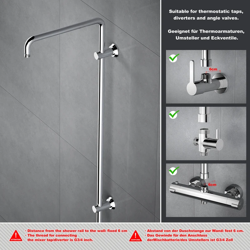 OHO Edelstahl Duschstange mit Variable Wandbefestigungen, Wandstange Regendusche Brausearm Brausestange Duschsäule mit fester Länge 92cm Chrom