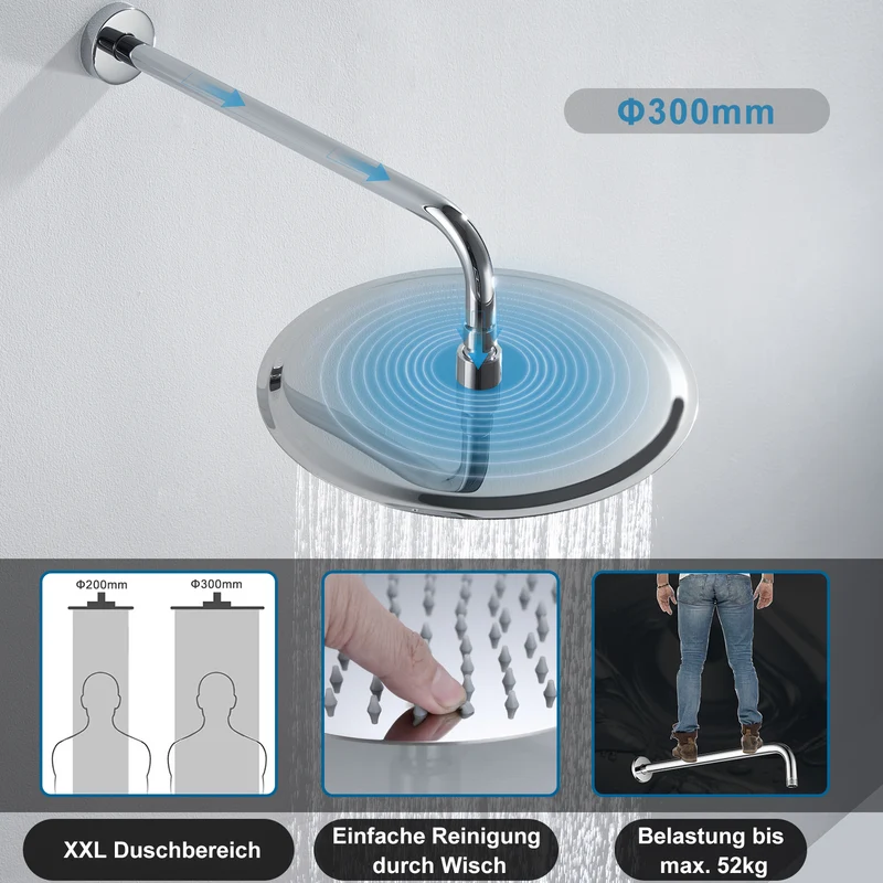 JOHO Regendusche Duschkopf Groß Rund 30cm Überkopfbrauseset aus 304 Edelstahl mit Bombenfester Brausearm Wandarm (D30cm/40cm)