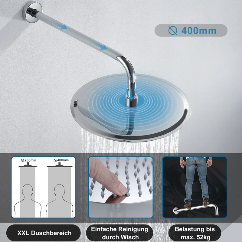JOHO Regendusche Duschkopf aus Edelstahl mit Anti-Kalk-Düsen, groß 40cm Kopfbrause Set Rund Einbauduschköpfe Duschkopf Regenbrause Brausekopf mit Bombenfester Brausearm Wandarm (D40cm/40cm)