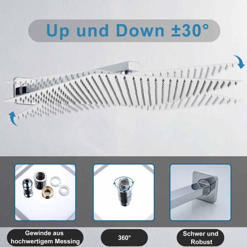 JOHO Regendusche Duschkopf groß Rechteckig pflegeleichte Überkopfbrauseset aus 304 Edelstahl mit Bombenfester Brausearm Wandarm (35x25cm/37cm)