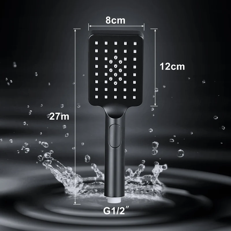 JOHO Großem Duschkopf mit 3 Strahlarten, Quadratisch Handbrause Regendusche Duschbrause aus ABS, Brausekopf mit Antikalk-Funktion Schwarz