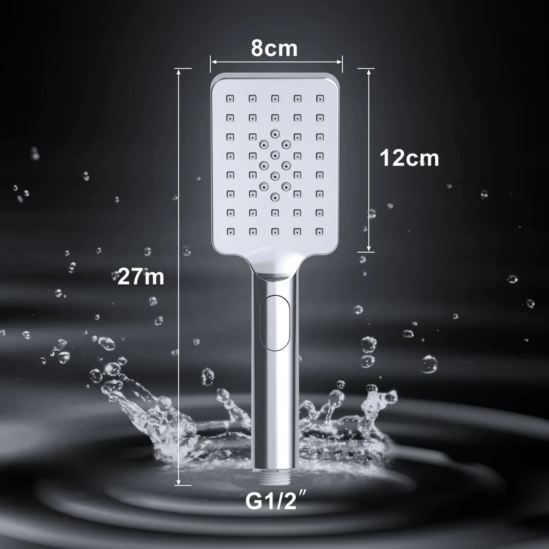 JOHO Großem Duschkopf mit 3 Strahlarten, Quadratisch Handbrause Regendusche Duschbrause aus ABS, Brausekopf mit Antikalk-Funktion für Badezimmer Chrom