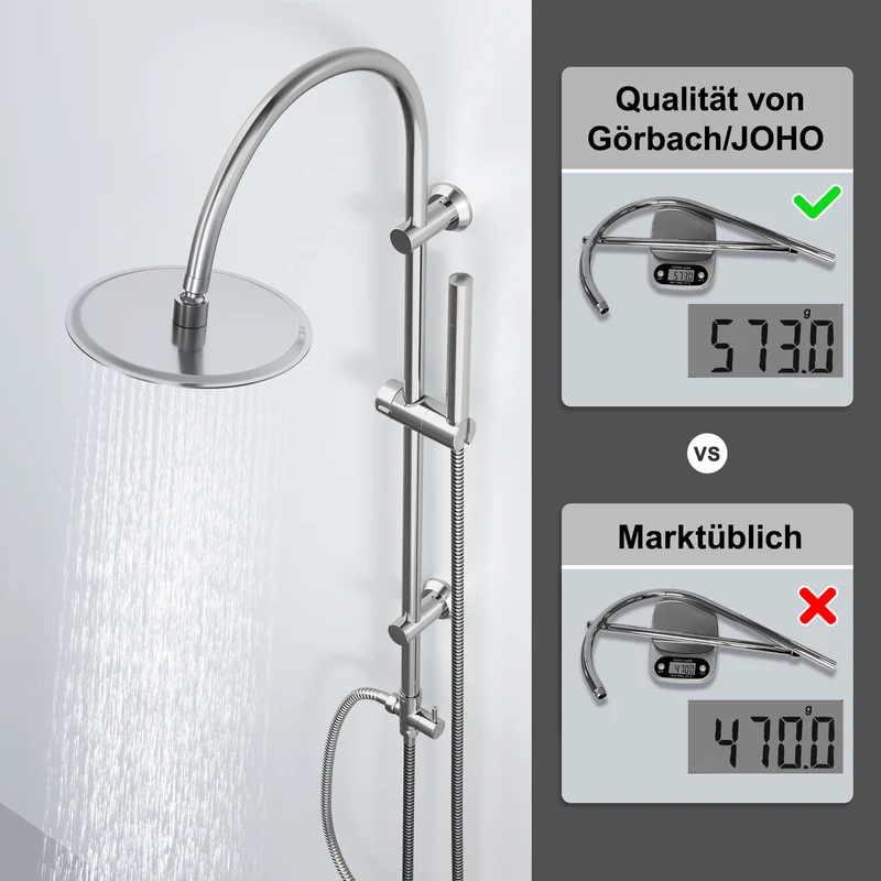 JOHO Regendusche Duschsystem mit Duschablage, Rund Kopfbrause und U Duschstange 92cm Chrom