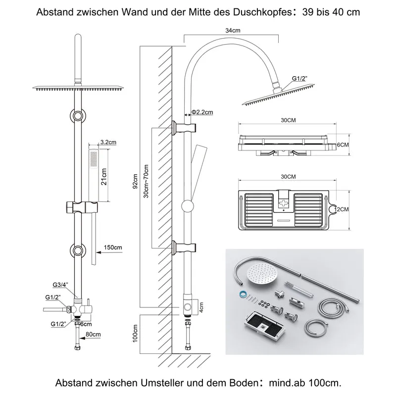 JOHO Regendusche Duschsystem mit Duschablage, Rund Kopfbrause und U Duschstange 92cm Chrom