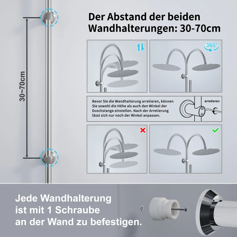 JOHO Regendusche Duschsystem mit Duschablage, Rund Kopfbrause und U Duschstange 92cm Chrom