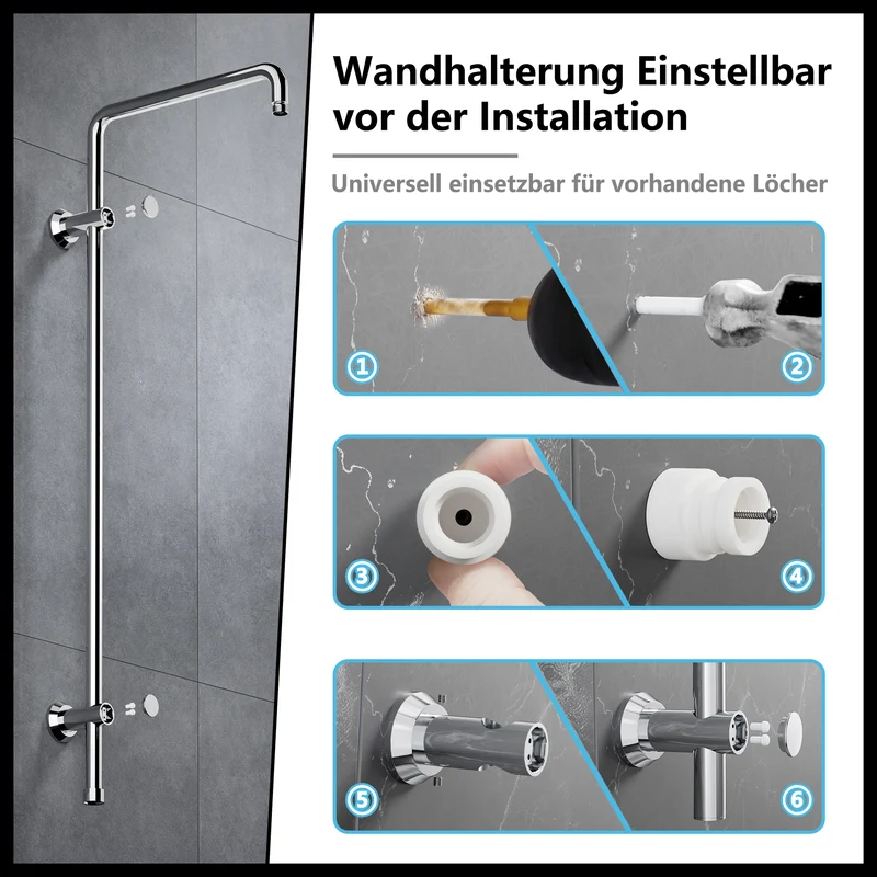 JOHO Edelstahl Duschstange mit Handbrausehalter und Variable Wandbefestigungen, Wandstange Regendusche Brausearm Brausestange Duschsäule mit fester Länge 92cm Chrom