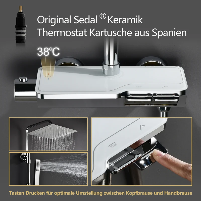 JOHO Thermostat Duschsystem mit Thermostatische, Überkopfbrause,Handbrause,Duschstange Chrom