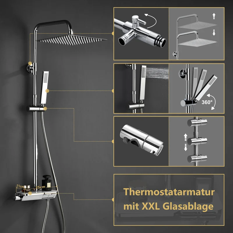 JOHO Thermostat Duschsystem mit Thermostatische, Überkopfbrause,Handbrause,Duschstange Chrom