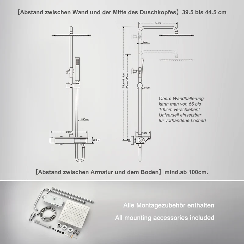 JOHO Thermostat Duschsystem mit Thermostatische, Überkopfbrause,Handbrause,Duschstange Chrom