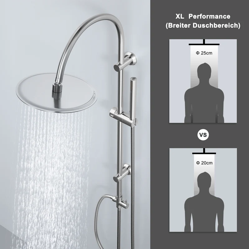 JOHO Regendusche Duschsystem mit Rund Kopfbrause und U Duschstange 92cm Chrom