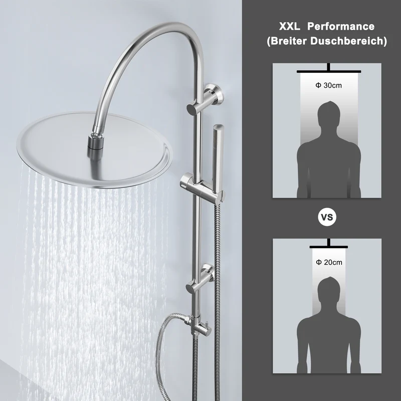 JOHO Regendusche Duschsystem mit Rund Kopfbrause und U Duschstange 92cm Chrom