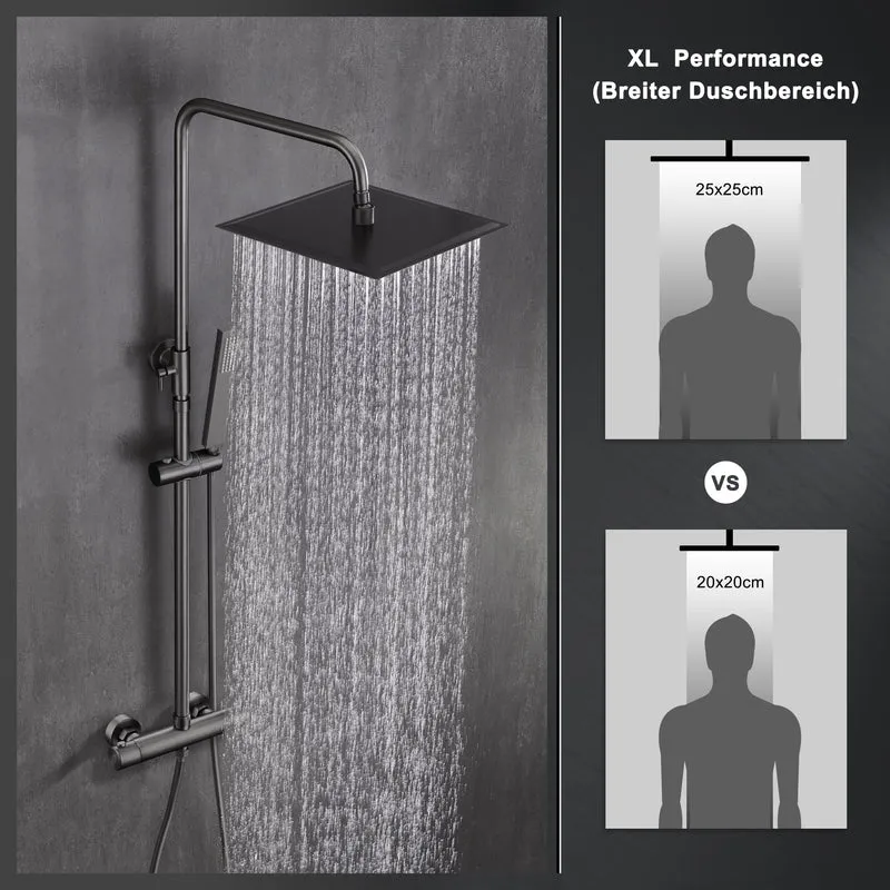 JOHO Regendusche Duschsystem mit Thermostatbatterie, Edelstahl Duschset mit Duscharmatur Komplettset, Kopfbrause Gunmetal Grau