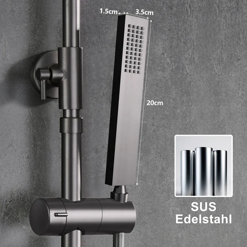 JOHO Regendusche Duschsystem mit Thermostatbatterie, Edelstahl Duschset mit Duscharmatur Komplettset, Kopfbrause Gunmetal Grau