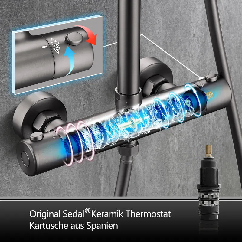 JOHO Regendusche Duschsystem mit Thermostatbatterie, Edelstahl Duschset mit Duscharmatur Komplettset, Kopfbrause Gunmetal Grau