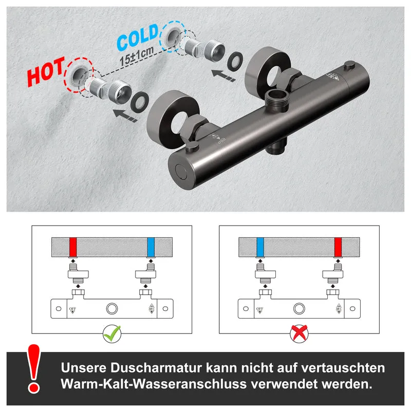 JOHO Regendusche Duschsystem mit Thermostatbatterie, Edelstahl Duschset mit Duscharmatur Komplettset, Kopfbrause Gunmetal Grau