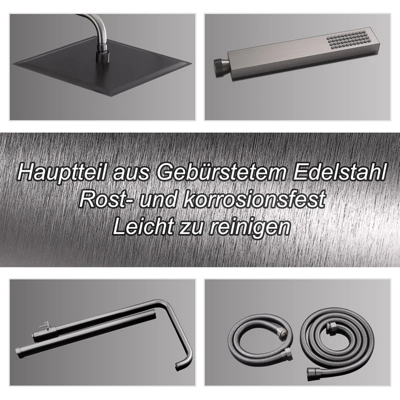 JOHO Regendusche Duschsystem mit Thermostatbatterie, Edelstahl Duschset mit Duscharmatur Komplettset, Kopfbrause Gunmetal Grau