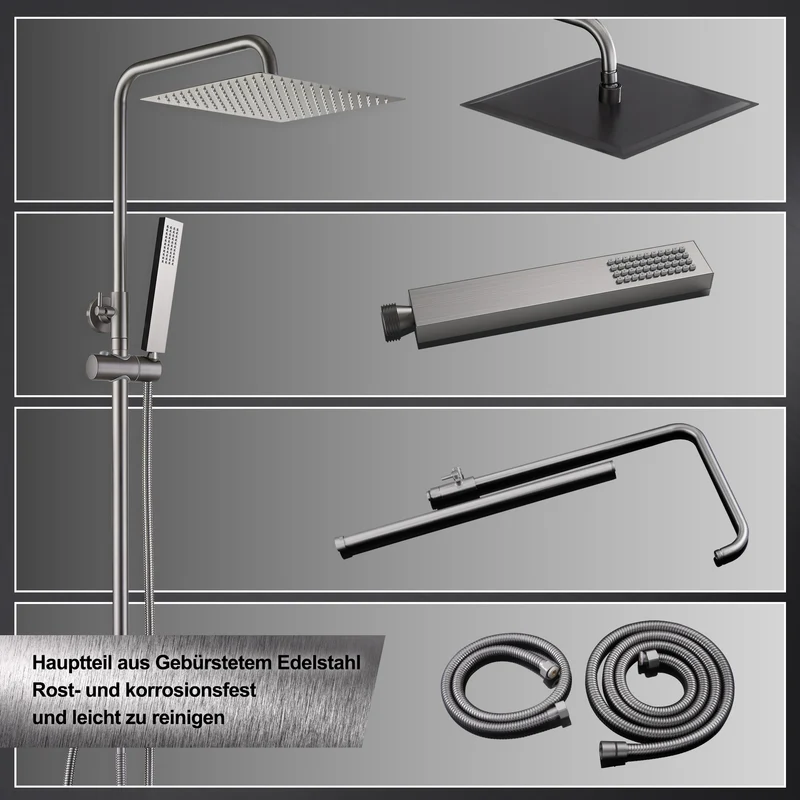 JOHO Edelstahl Duschset ohne Armatur, Regendusche Duschsystem mit Duschkopf, Duschstange, Duschschlauch, Eckig Kopfbrause Gunmetal Grau