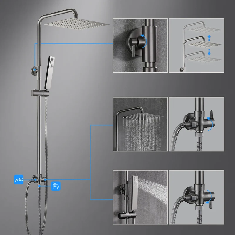JOHO Edelstahl Duschset ohne Armatur, Regendusche Duschsystem mit Duschkopf, Duschstange, Duschschlauch, Eckig Kopfbrause Gunmetal Grau