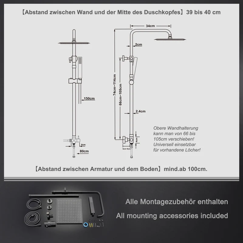 JOHO Edelstahl Duschset ohne Armatur, Regendusche Duschsystem mit Duschkopf, Duschstange, Duschschlauch, Eckig Kopfbrause Gunmetal Grau