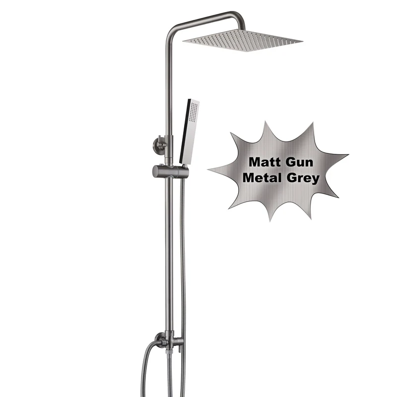 JOHO Edelstahl Duschset ohne Armatur, Regendusche Duschsystem mit Duschkopf, Duschstange, Duschschlauch, Eckig Kopfbrause Gunmetal Grau