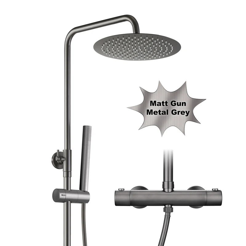 JOHO Regendusche Duschsystem mit Thermostatbatterie, Edelstahl Duschset mit Duscharmatur Komplettset, Rund Kopfbrause Gunmetal Grau
