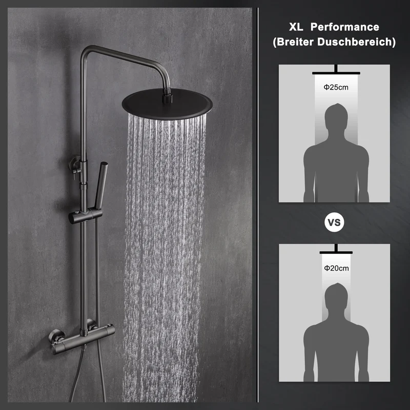 JOHO Regendusche Duschsystem mit Thermostatbatterie, Edelstahl Duschset mit Duscharmatur Komplettset, Rund Kopfbrause Gunmetal Grau