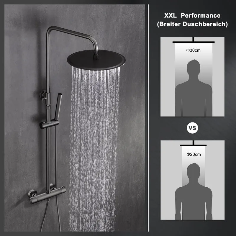 JOHO Regendusche Duschsystem mit Thermostatbatterie, Edelstahl Duschset mit Duscharmatur Komplettset, Rund Kopfbrause Gunmetal Grau