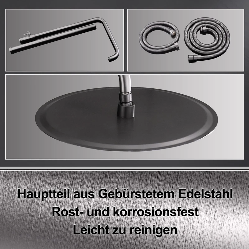 JOHO Regendusche Duschsystem mit Thermostatbatterie, Edelstahl Duschset mit Duscharmatur Komplettset, Rund Kopfbrause Gunmetal Grau