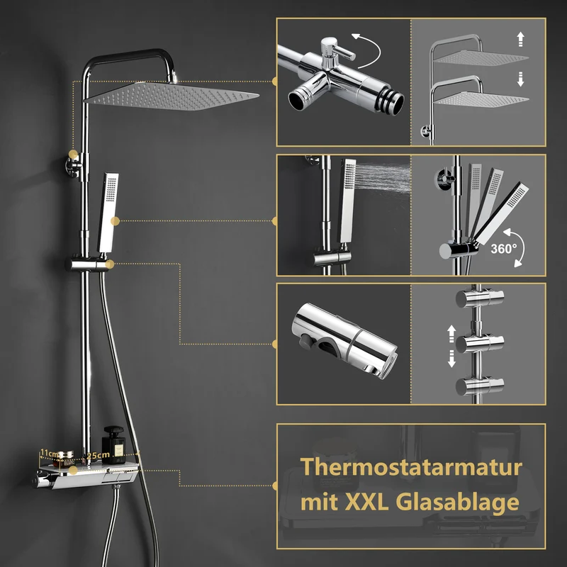 JOHO Thermostat Duschsystem mit Thermostatische, 35*25CM Überkopfbrause,Handbrause,Duschstange Chrom