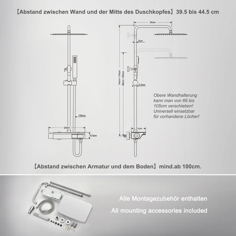 JOHO Thermostat Duschsystem mit Thermostatische, 35*25CM Überkopfbrause,Handbrause,Duschstange Chrom