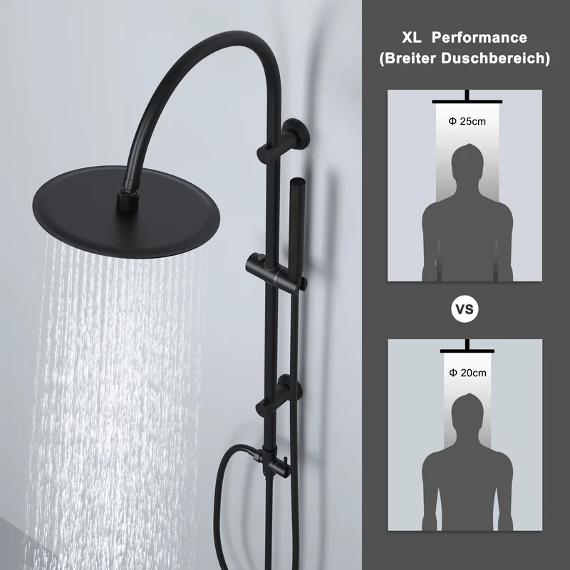 JOHO Regendusche Duschsystem mit Rund Kopfbrause und U Duschstange 92cm Schwarz