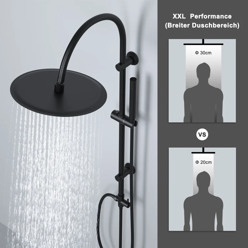 JOHO Regendusche Duschsystem mit Rund Kopfbrause und U Duschstange 92cm Schwarz