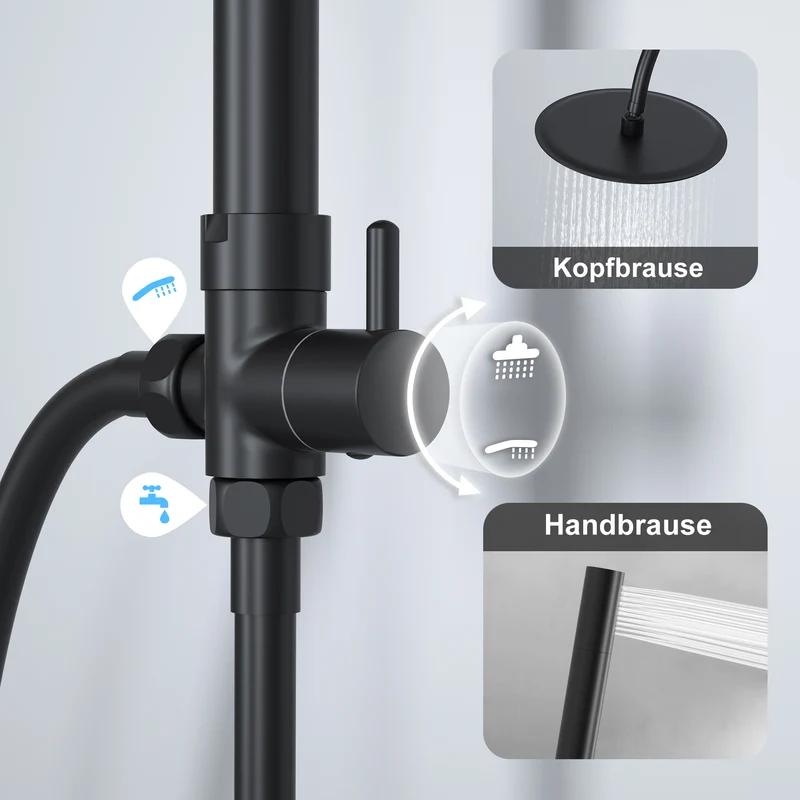 JOHO Regendusche Duschsystem mit Rund Kopfbrause und U Duschstange 92cm Schwarz