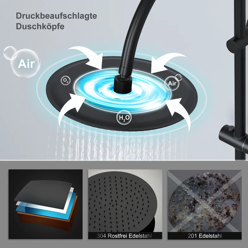 JOHO Regendusche Duschsystem mit Rund Kopfbrause und U Duschstange 92cm Schwarz