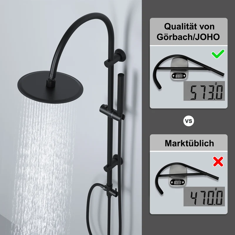 JOHO Regendusche Duschsystem mit Rund Kopfbrause und U Duschstange 92cm Schwarz