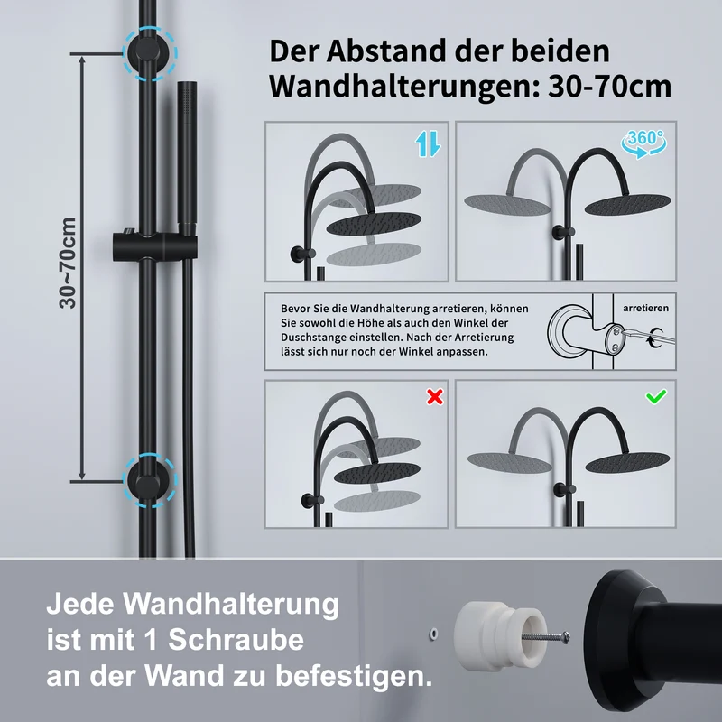 JOHO Regendusche Duschsystem mit Rund Kopfbrause und U Duschstange 92cm Schwarz