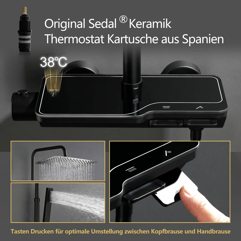 JOHO Regendusche Thermostat Duschsystem mit Thermostatische, 35*25CM Überkopfbrause,Handbrause,Duschstange Matt Schwarz