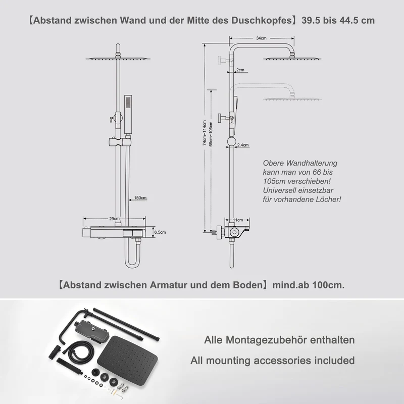 JOHO Regendusche Thermostat Duschsystem mit Thermostatische, 35*25CM Überkopfbrause,Handbrause,Duschstange Matt Schwarz