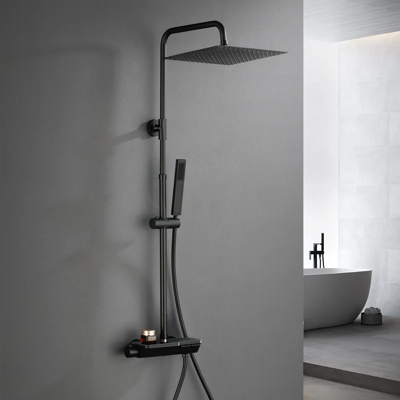 JOHO Regendusche Duschset mit Duscharmatur Thermostat, Überkopfbrause,Handbrause,Duschstange Matt Schwarz