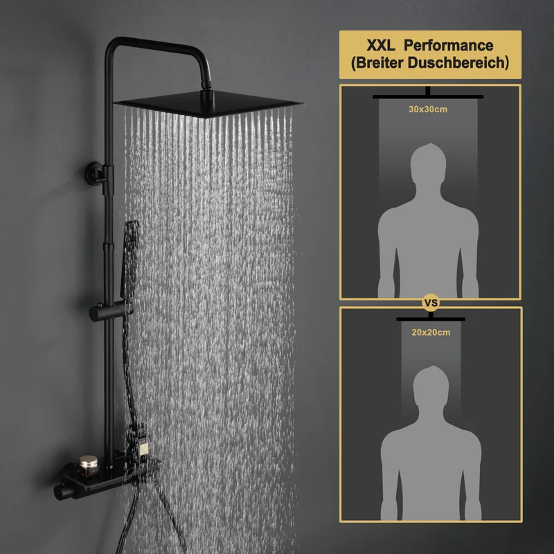 JOHO Regendusche Duschset mit Duscharmatur Thermostat, Überkopfbrause,Handbrause,Duschstange Matt Schwarz