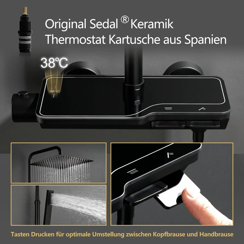 JOHO Regendusche Duschset mit Duscharmatur Thermostat, Überkopfbrause,Handbrause,Duschstange Matt Schwarz