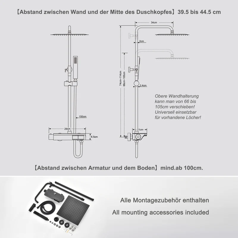 JOHO Regendusche Duschset mit Duscharmatur Thermostat, Überkopfbrause,Handbrause,Duschstange Matt Schwarz