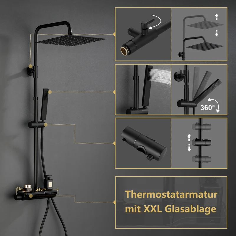 JOHO Regendusche Duschset mit Duscharmatur Thermostat, Überkopfbrause,Handbrause,Duschstange Matt Schwarz