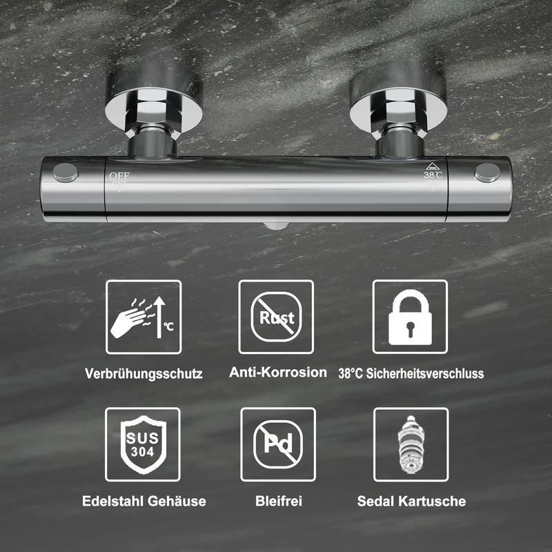 JOHO Regendusche Duschsystem mit Thermostatbatterie Edelstahl Duschset mit Duscharmatur Komplettset Chrom