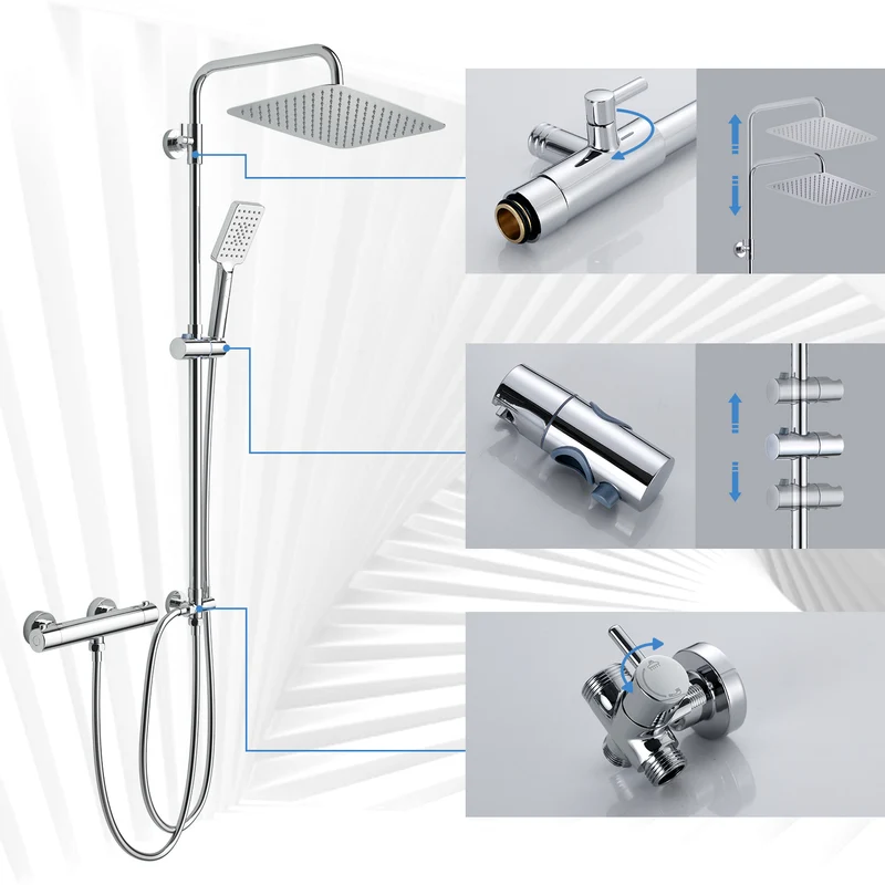 JOHO Regendusche Duschsystem mit Thermostatbatterie Edelstahl Duschset mit Duscharmatur Komplettset Chrom